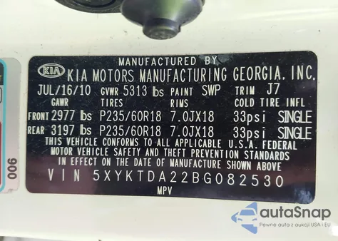 2011 Kia Sorento Lx V6 z USA, uszkodzony, nr VIN 5XYKTDA22BG082530